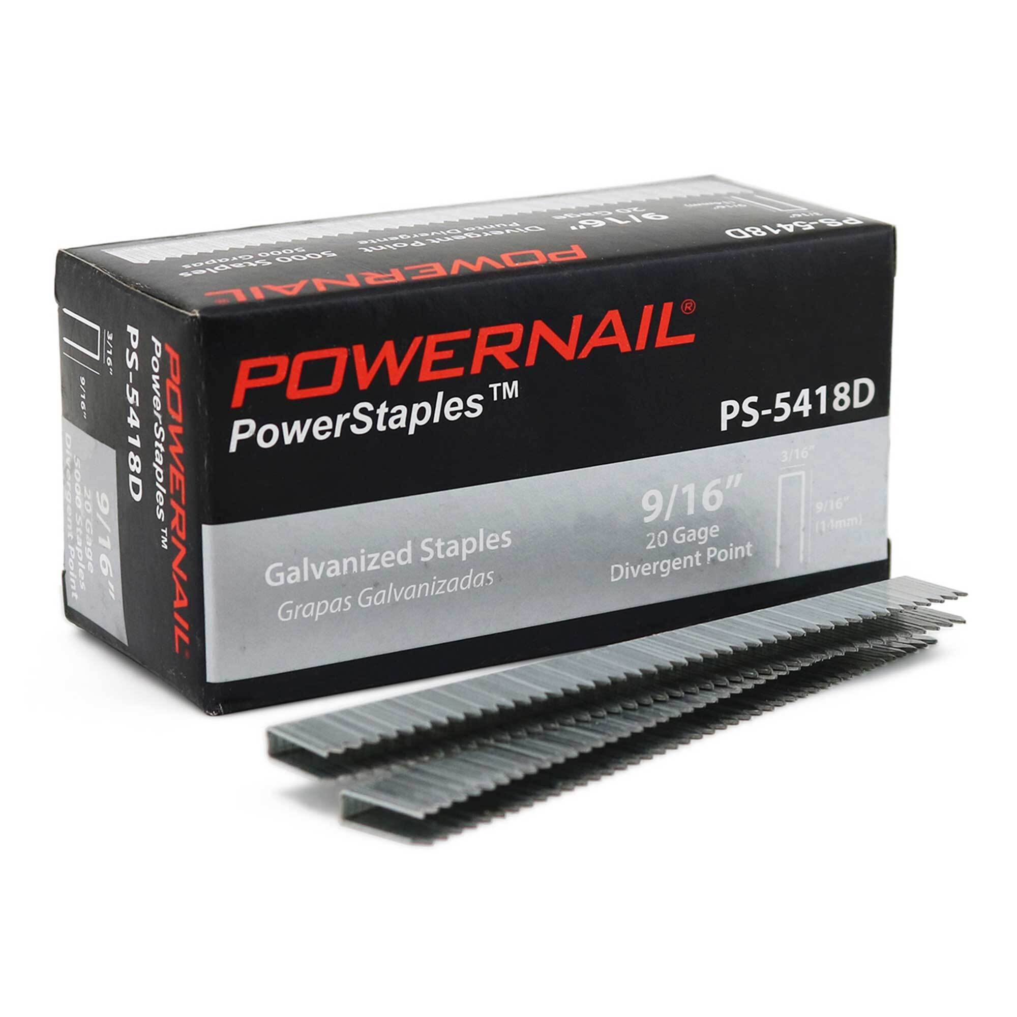 POWERNAIL, 3/16in.x9/16in. 20ga Staple Divergent Point 100,000ct, Fastener Size 0.19 in, Nail Gun Angle 0 °, Model# PS5418D.PWR